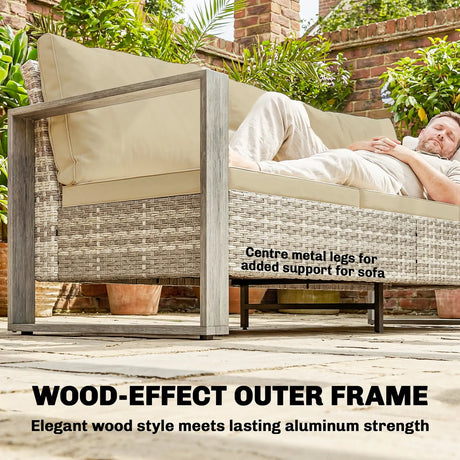 Outsunny 4 Piece Rattan Garden Furniture Set with 3-Seater Sofa, Armchairs, Table, Aluminium Frame Patio Conversation Set, Khaki