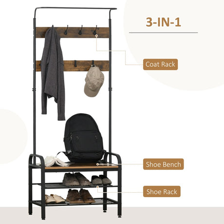 HOMCOM Coat Rack Stand Industrial hallway Shoe Rack Removable Hooks Metal Wood Hangers Storage Cabinet Rustic Brown 72L×34W×185H(cm)