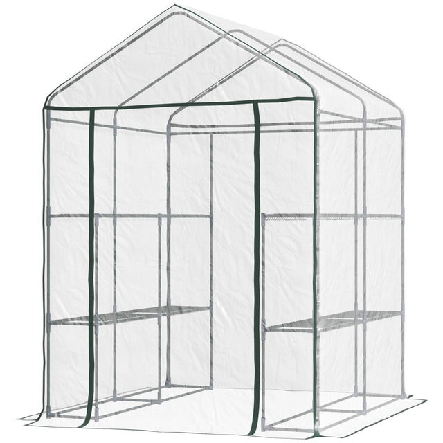 Outsunny Walk in Greenhouse with 3-Tier 8 Shelves, Green House with Hemmed Cover, Roll-up Zipped Door, Steel Frame, 143 x 143 x 195cm