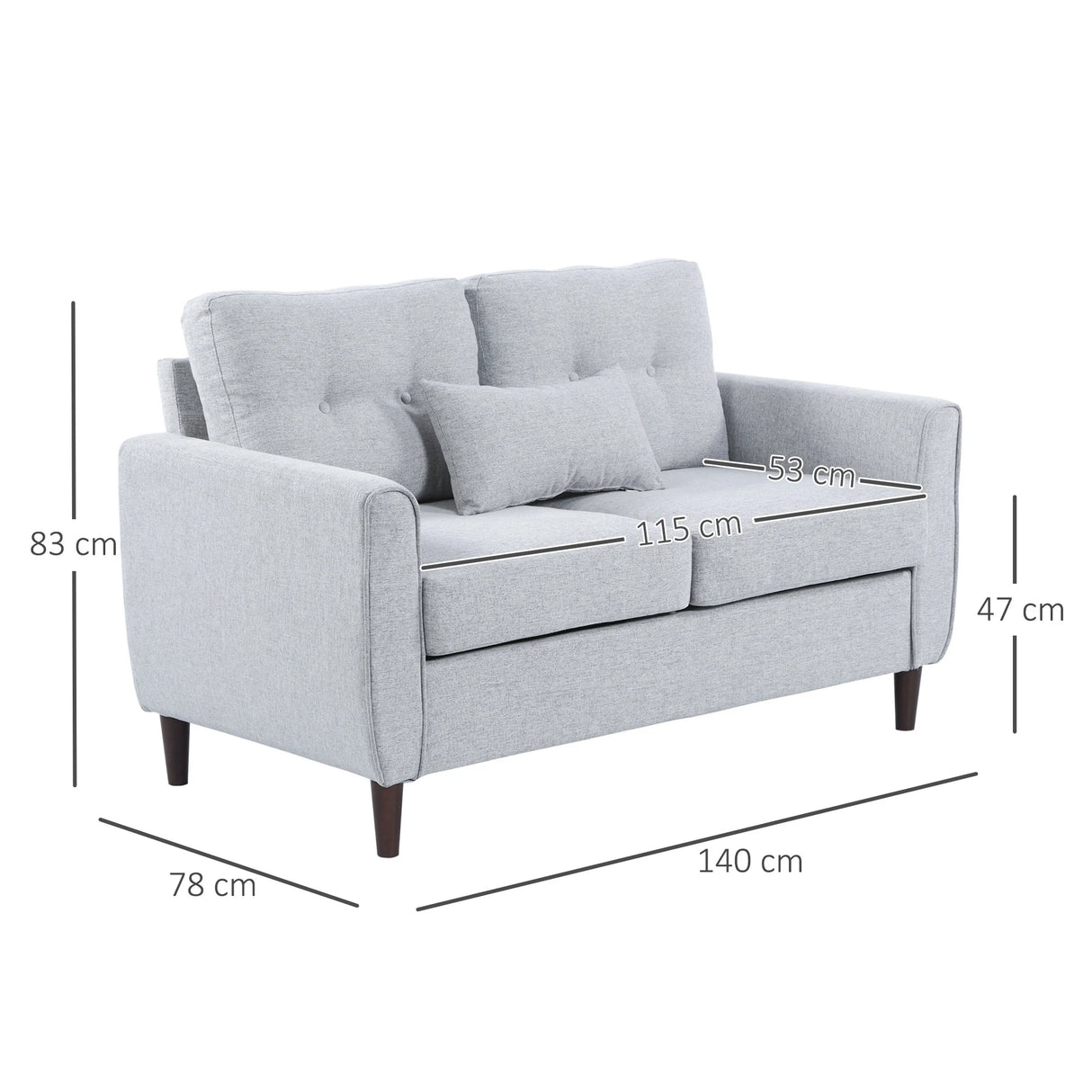 HOMCOM 2 Seater Sofa with Spring Cushion, Fabric Sofa with Wooden Legs, Modern Love Seat for Living Room, 140cm Width Tufted Couch for Bedroom, Light Grey