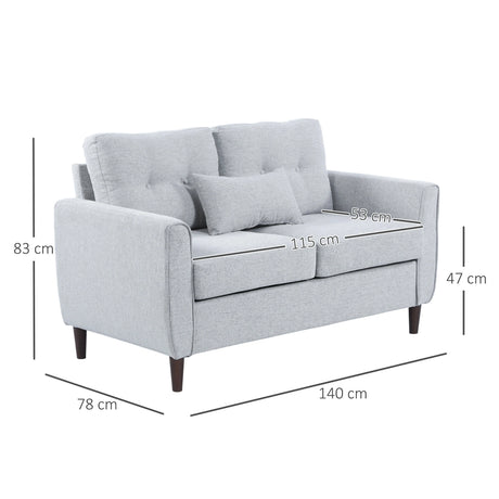 HOMCOM 2 Seater Sofa with Spring Cushion, Fabric Sofa with Wooden Legs, Modern Love Seat for Living Room, 140cm Width Tufted Couch for Bedroom, Light Grey