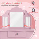 HOMCOM Kids Vanity Table and Chair Set with Tri-Folding Mirror and Stool, Makeup Dressing Table with Drawer, Pink