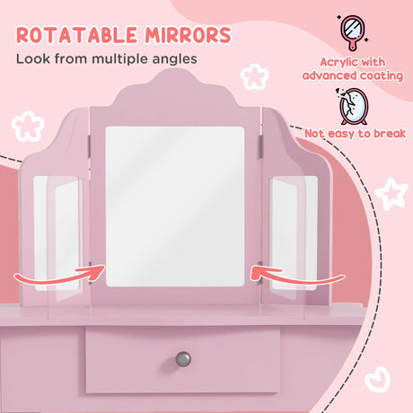HOMCOM Kids Vanity Table and Chair Set with Tri-Folding Mirror and Stool, Makeup Dressing Table with Drawer, Pink