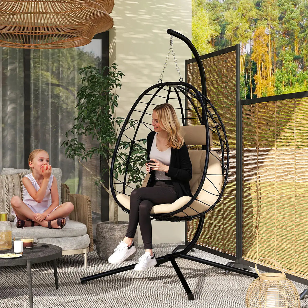 Outsunny Hanging Egg Chair Outdoor Indoor Garden Swing Chair with Folding Basket, Thickened Cushion, Garden Hanging Chair with Stand, Headrest for Patio, Balcony, Khaki