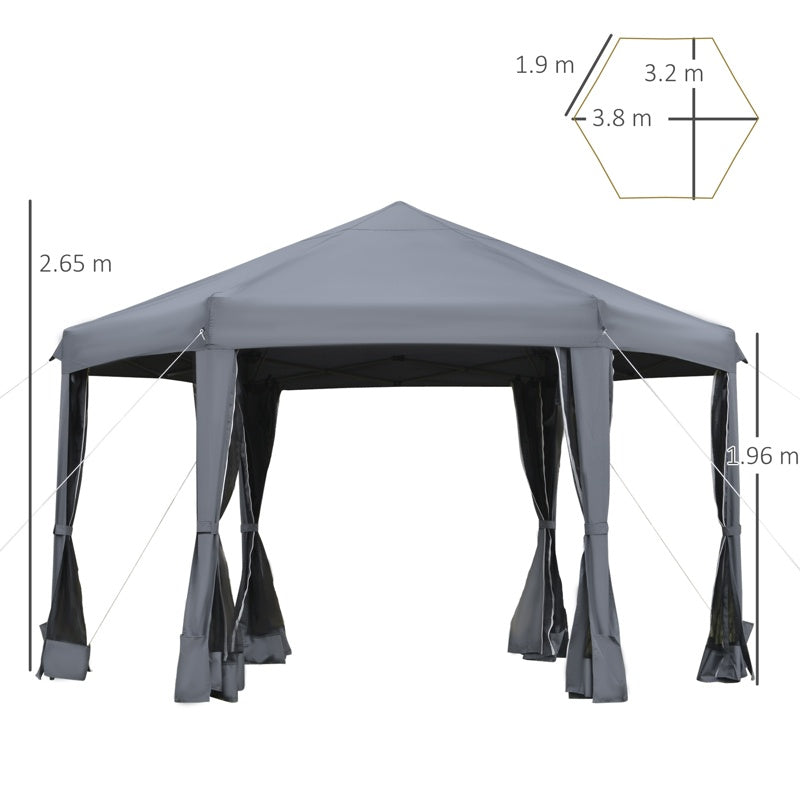 Outsunny 3.8m x 3.2m Pop Up Gazebo Hexagonal Canopy Tent Outdoor Sun Protection with 6 Mesh Sidewalls, Hand Bag, Grey