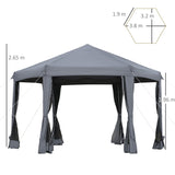 Outsunny 3.8m x 3.2m Pop Up Gazebo Hexagonal Canopy Tent Outdoor Sun Protection with 6 Mesh Sidewalls, Hand Bag, Grey