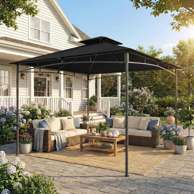 Outsunny 3 x 3 m Gazebo, Garden Gazebo with 2-Tier Roof, Metal Frame, Black