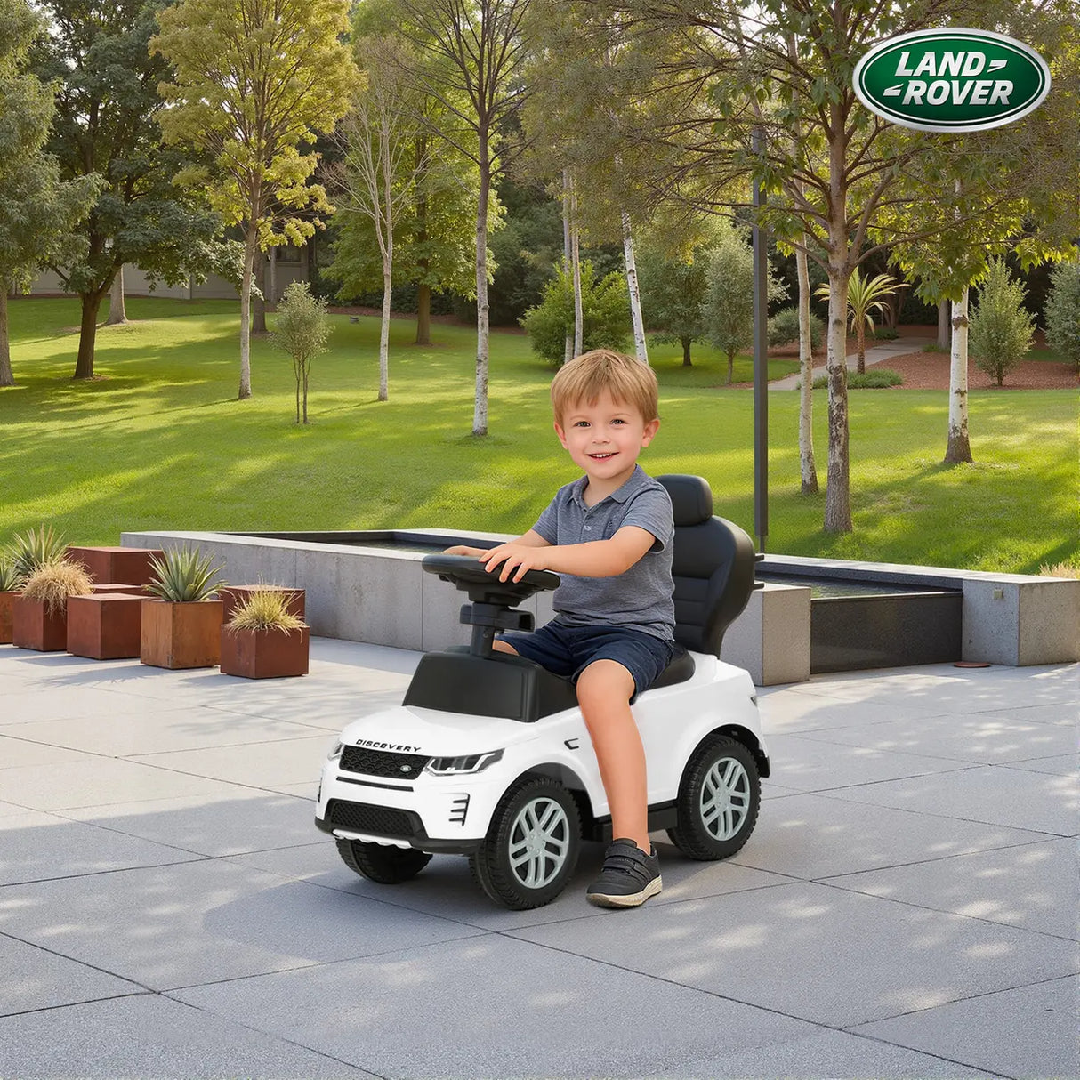 AIYAPLAY LAND ROVER DISCOVERY Licensed Baby Push Car, 2-in-1 Ride on Car with Push Handle and Safety Guardrail, White