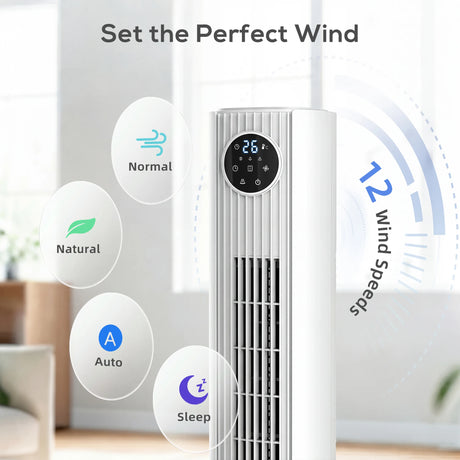 HOMCOM 28dB Tower Fan for Bedroom, 36 inch, 8 m/s Velocity Standing Cooling Fan with 80 Oscillating, BLDC Motor, 12 Speeds, LED Display, 4 Modes, 12H Timer, Remote Control, White