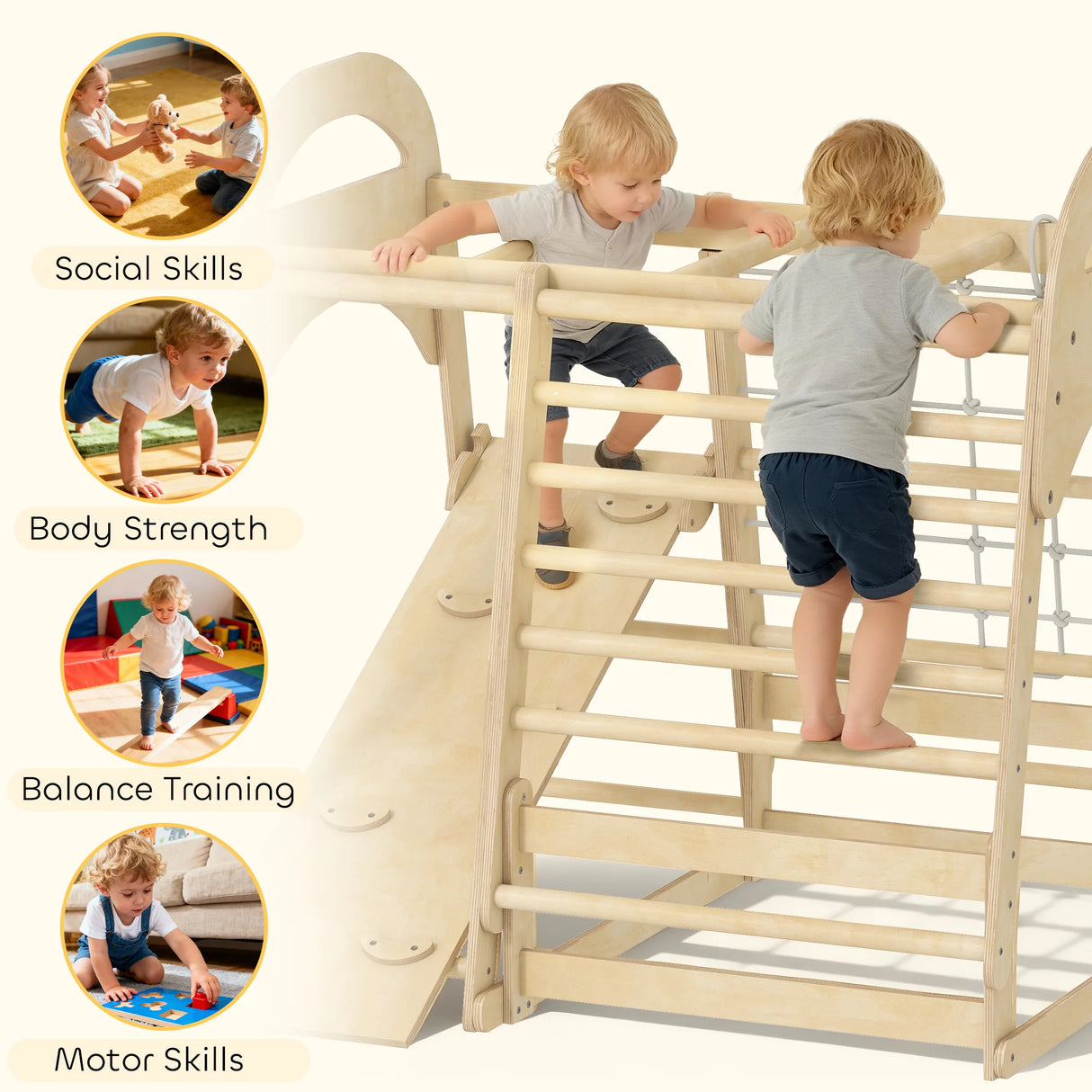 AIYAPLAY 6 in 1 Kids Climbing Frame with Slide, Monkey Bars, Gymnastics Rings, Ladder, Climbing Net, for 3-6 Years, Natural Tone