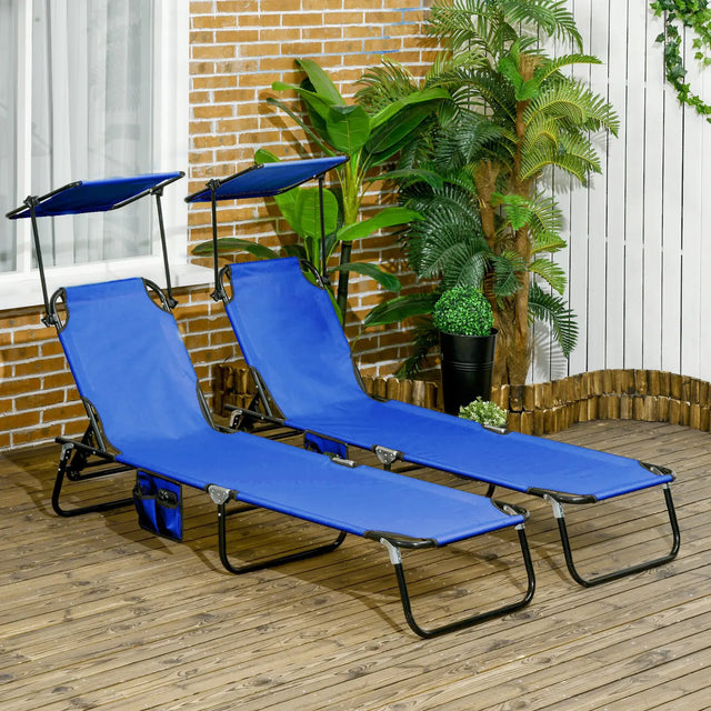 Outsunny Set of Two Folding Sun Loungers, with Adjustable Backs and Sun Canopies - Blue