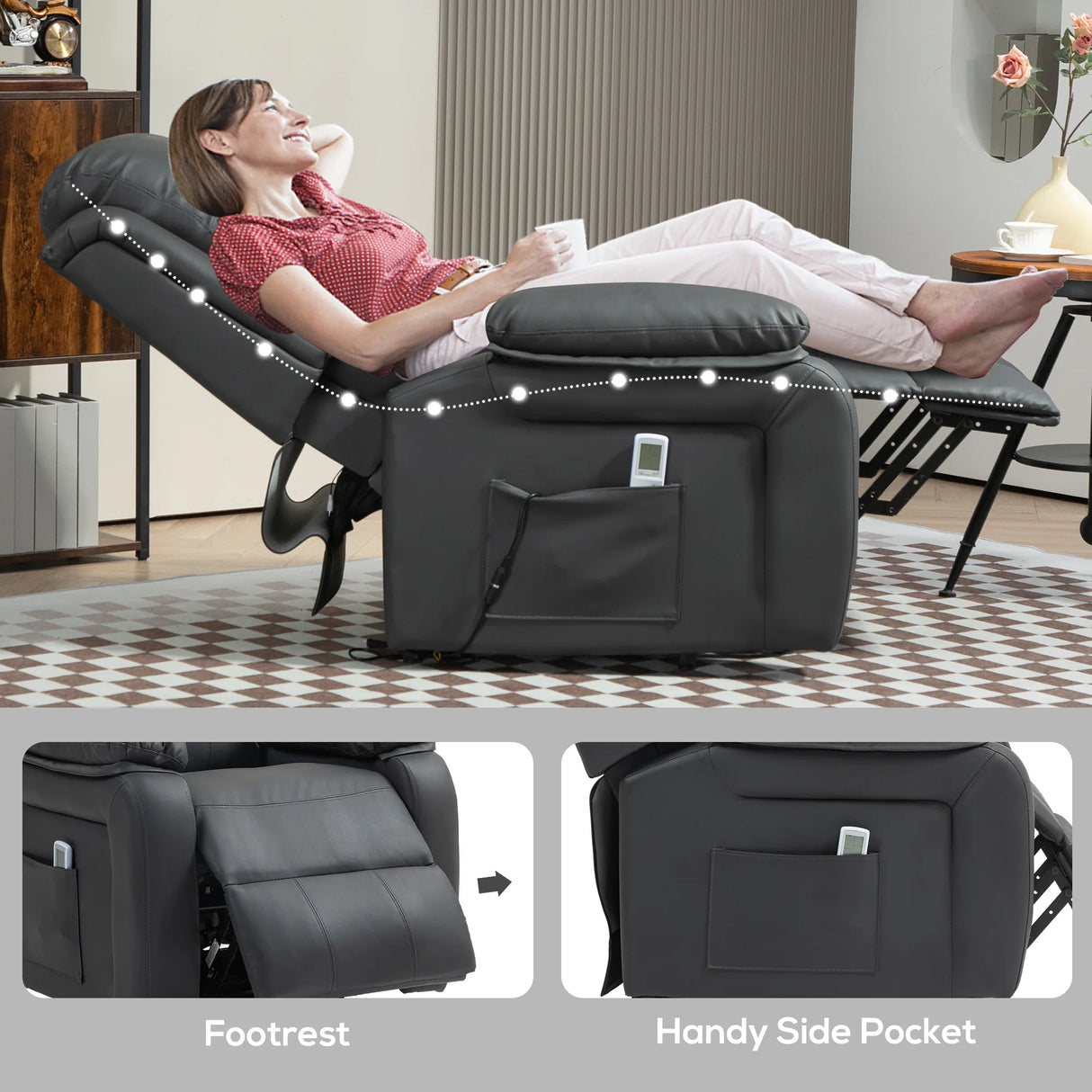HOMCOM Riser and Recliner Chair with Massage, Heat, Power Lift Recliner Chair for Elderly with Remote Control, Extended Footrest, Dual Side Pockets, Overstuffed Electric Reclining Armchair, Dark Grey