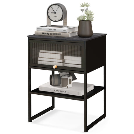 Nightstand with Flip up Door Storage Shelf-Black