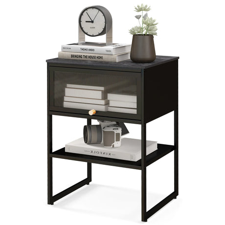 Nightstand with Flip up Door Storage Shelf-Black