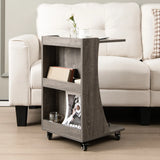 C-shaped Mobile Side Table with 2-Tier Open Shelf &amp; 2 Compartments-Grey