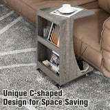 C-shaped Mobile Side Table with 2-Tier Open Shelf &amp; 2 Compartments-Grey