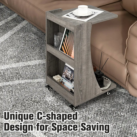 C-shaped Mobile Side Table with 2-Tier Open Shelf &amp; 2 Compartments-Grey