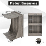 C-shaped Mobile Side Table with 2-Tier Open Shelf &amp; 2 Compartments-Grey