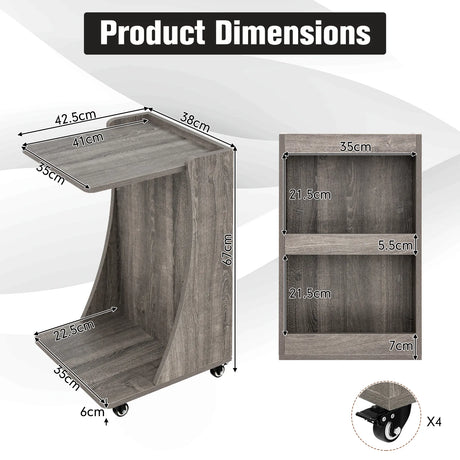 C-shaped Mobile Side Table with 2-Tier Open Shelf &amp; 2 Compartments-Grey
