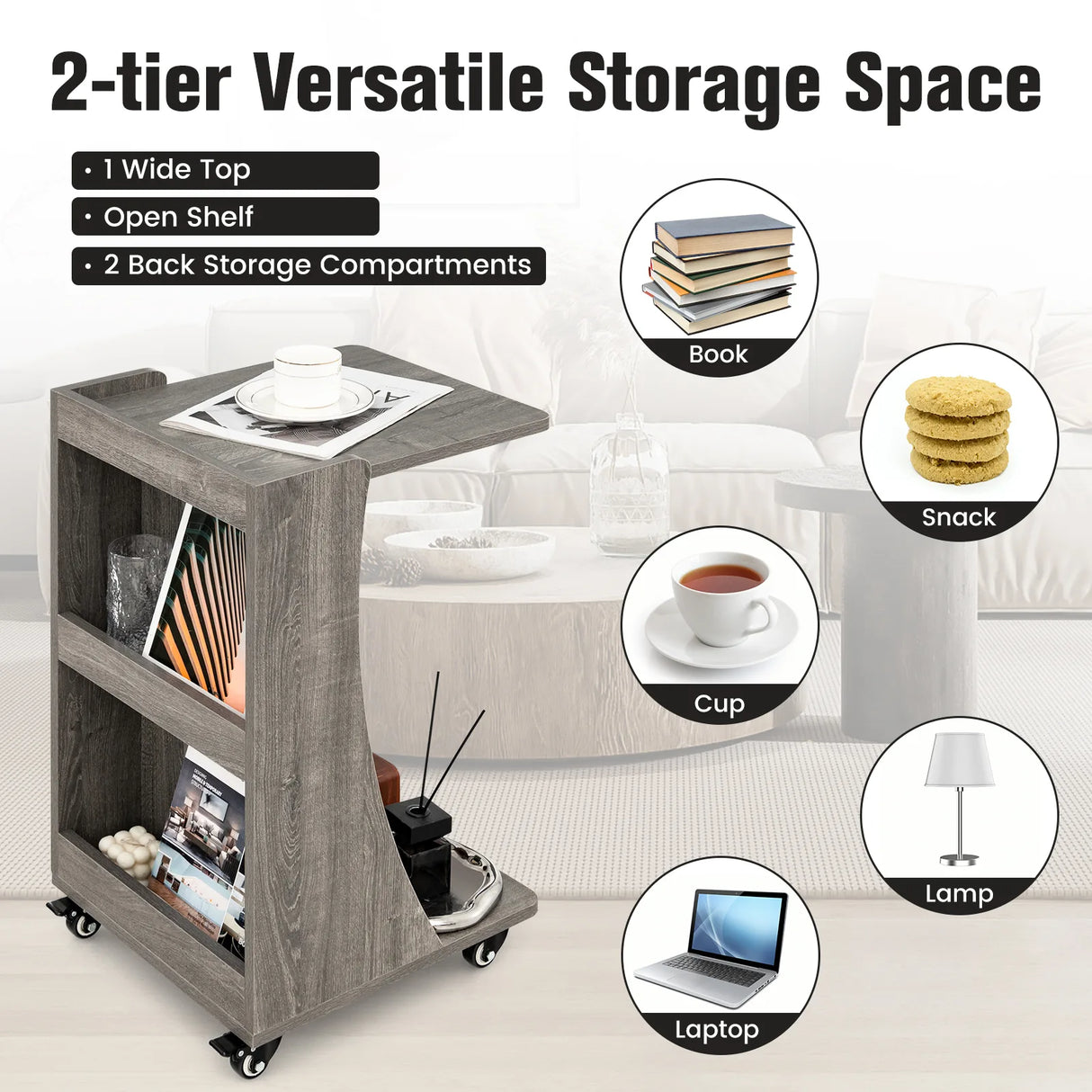 C-shaped Mobile Side Table with 2-Tier Open Shelf &amp; 2 Compartments-Grey
