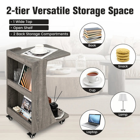 C-shaped Mobile Side Table with 2-Tier Open Shelf &amp; 2 Compartments-Grey