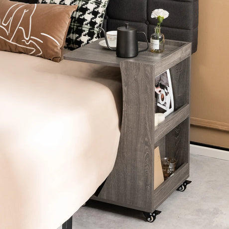 C-shaped Mobile Side Table with 2-Tier Open Shelf &amp; 2 Compartments-Grey