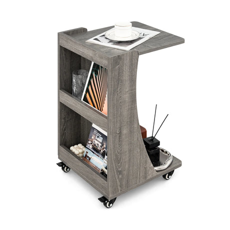 C-shaped Mobile Side Table with 2-Tier Open Shelf &amp; 2 Compartments-Grey