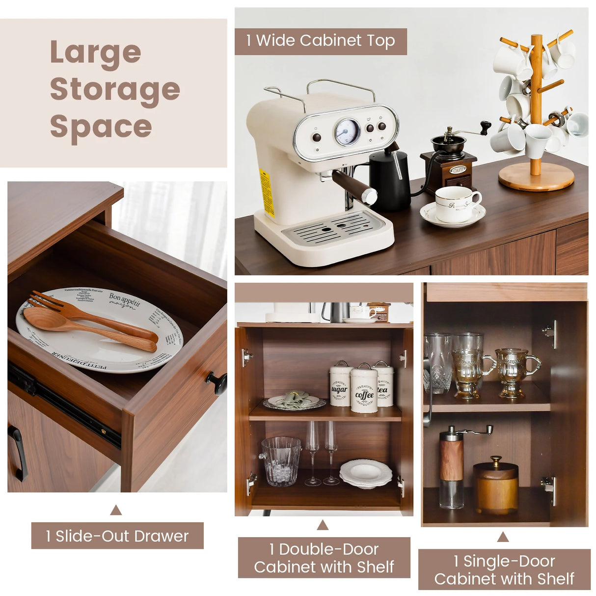Sideboard Buffet Cabinet with 3 Doors and Pullout Drawer Adjustable Shelves-Walnut