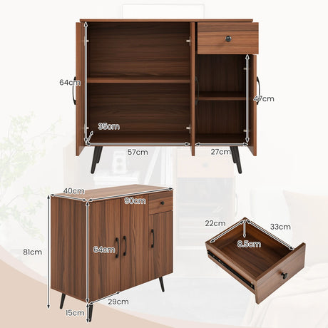 Sideboard Buffet Cabinet with 3 Doors and Pullout Drawer Adjustable Shelves-Walnut
