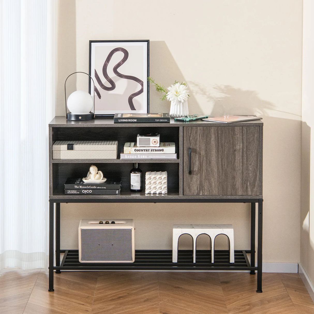 Sideboard Buffet Cabinet with Wine Racks and Storage Shelves-Grey