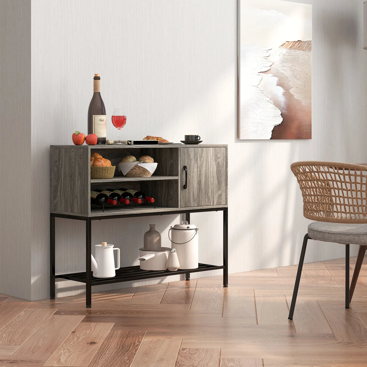 Sideboard Buffet Cabinet with Wine Racks and Storage Shelves-Grey