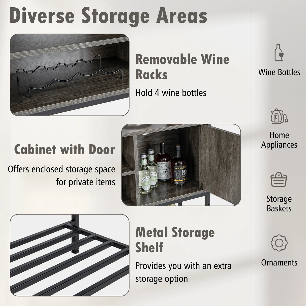 Sideboard Buffet Cabinet with Wine Racks and Storage Shelves-Grey