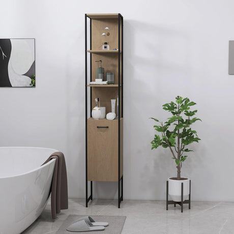 HOMCOM Tall Bathroom Cabinet with Open Shelves and Adjustable Shelf - Natural Wood Finish