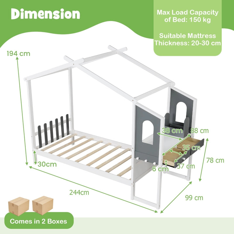 Single/Double House Bed Wood Montessori Bed Frame with Desk-Single Size