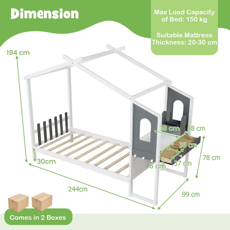 Single/Double House Bed Wood Montessori Bed Frame with Desk-Single Size