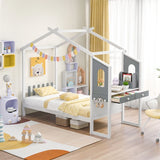 Single/Double House Bed Wood Montessori Bed Frame with Desk-Single Size