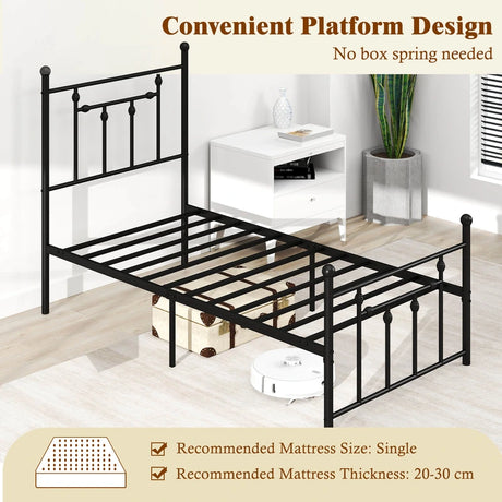 Single/Double/King Size Metal Bed Frame with Headboard-Black-Single Size