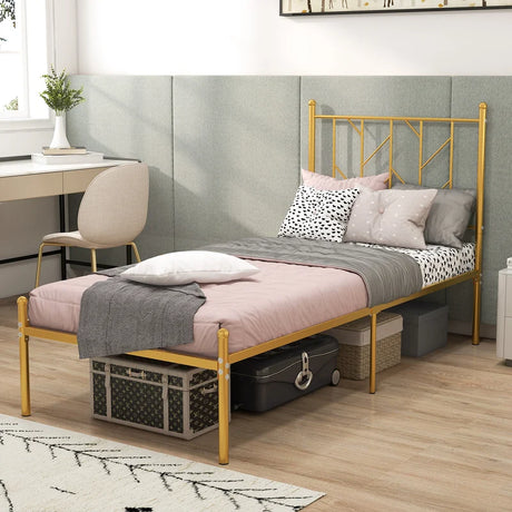 Single/Double Metal Platform Bed Frame with Headboard Black Golden-Single Size