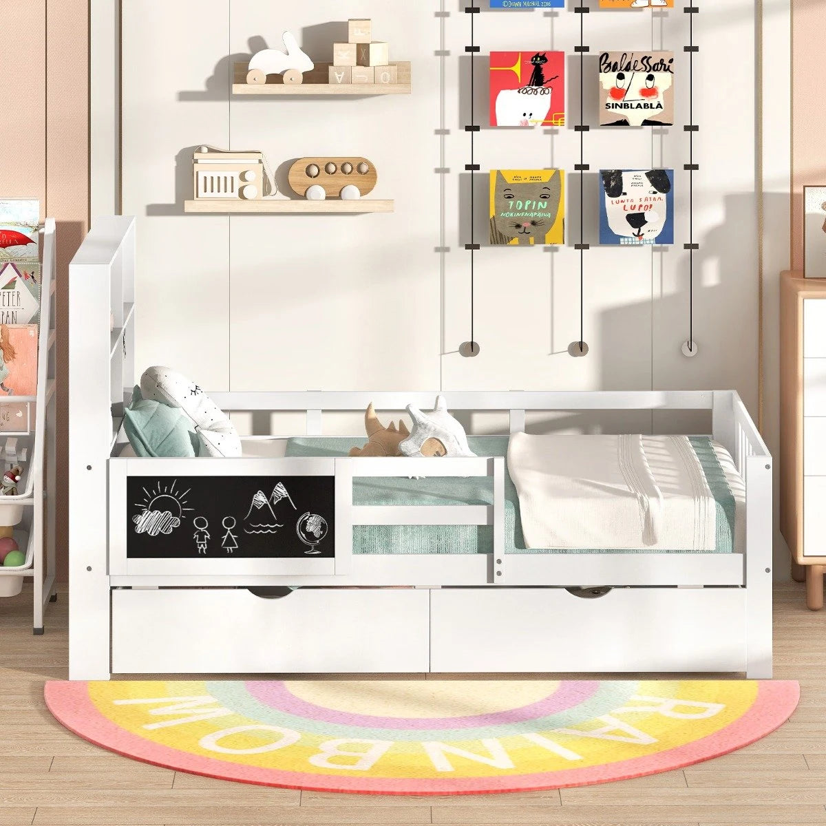 Single/Double Size Bed Frame with 2 Storage Drawers White-Single Size