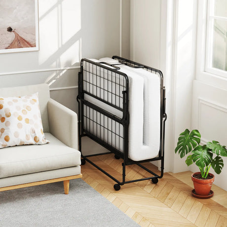 Folding Bed 190x90cm with Mattress Single Extra Bed with Memory Foam Metal Frame Lockable Caster Bed