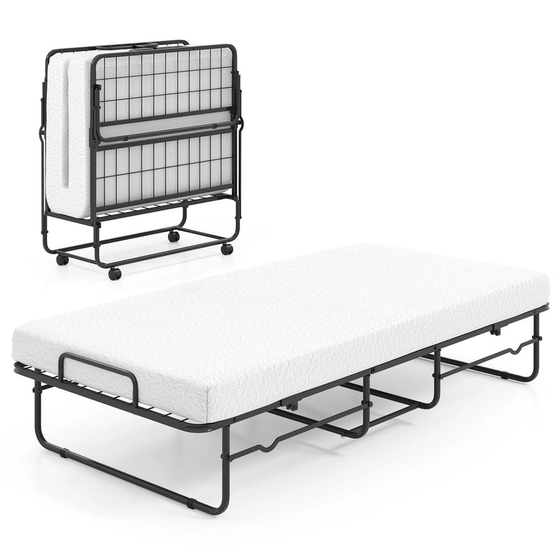 Folding Bed 190x90cm with Mattress Single Extra Bed with Memory Foam Metal Frame Lockable Caster Bed