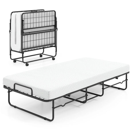 Folding Bed 190x90cm with Mattress Single Extra Bed with Memory Foam Metal Frame Lockable Caster Bed