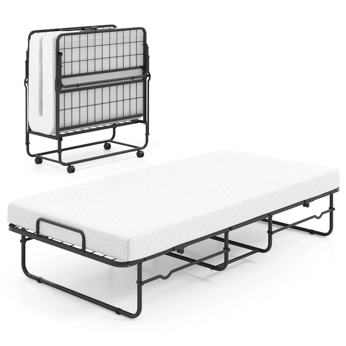Folding Bed 190x90cm with Mattress Single Extra Bed with Memory Foam Metal Frame Lockable Caster Bed
