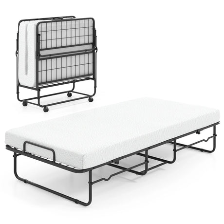 Folding Bed 190x90cm with Mattress Single Extra Bed with Memory Foam Metal Frame Lockable Caster Bed