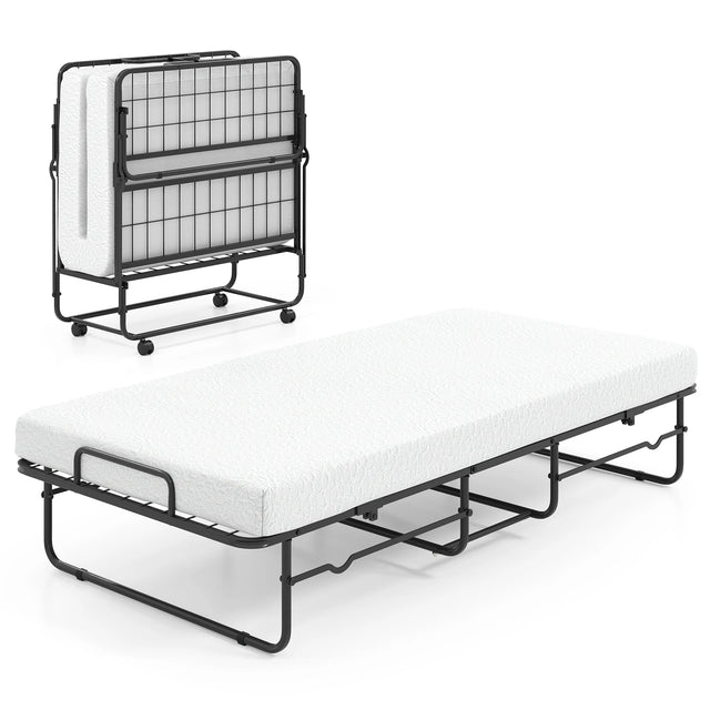 Folding Bed 190x90cm with Mattress Single Extra Bed with Memory Foam Metal Frame Lockable Caster Bed