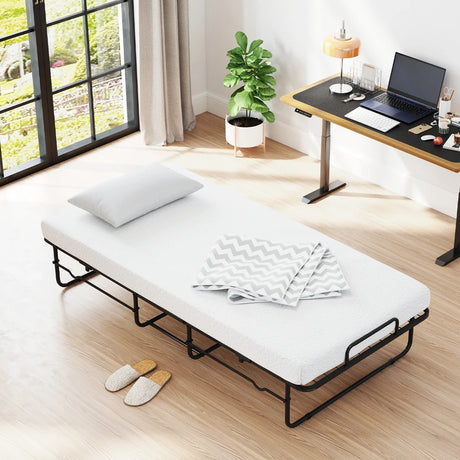 Folding Bed 190x90cm with Mattress Single Extra Bed with Memory Foam Metal Frame Lockable Caster Bed