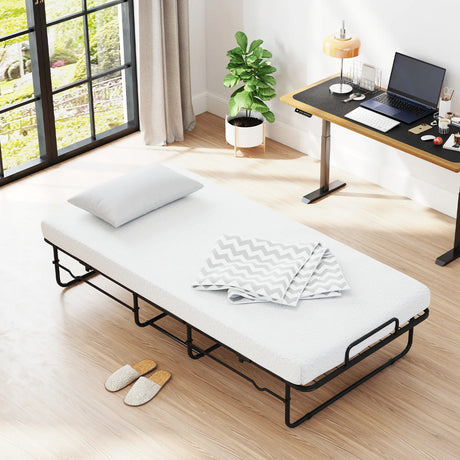 Folding Bed 190x90cm with Mattress Single Extra Bed with Memory Foam Metal Frame Lockable Caster Bed