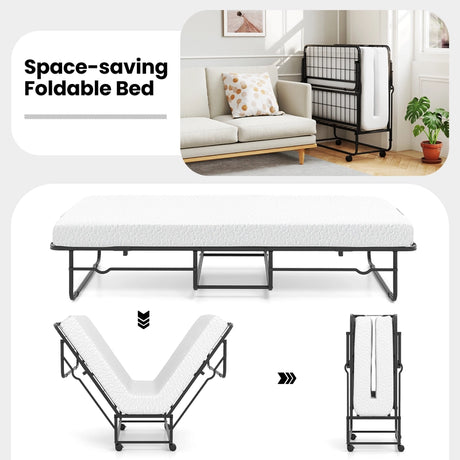 Folding Bed 190x90cm with Mattress Single Extra Bed with Memory Foam Metal Frame Lockable Caster Bed