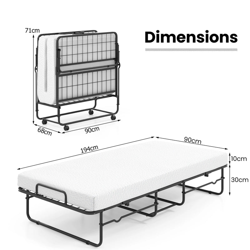Folding Bed 190x90cm with Mattress Single Extra Bed with Memory Foam Metal Frame Lockable Caster Bed