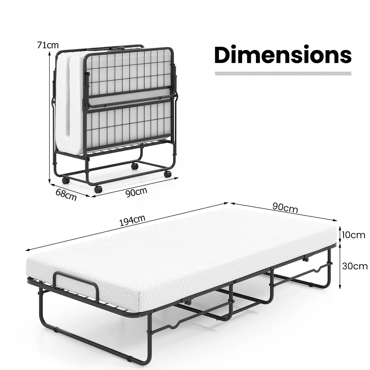 Folding Bed 190x90cm with Mattress Single Extra Bed with Memory Foam Metal Frame Lockable Caster Bed